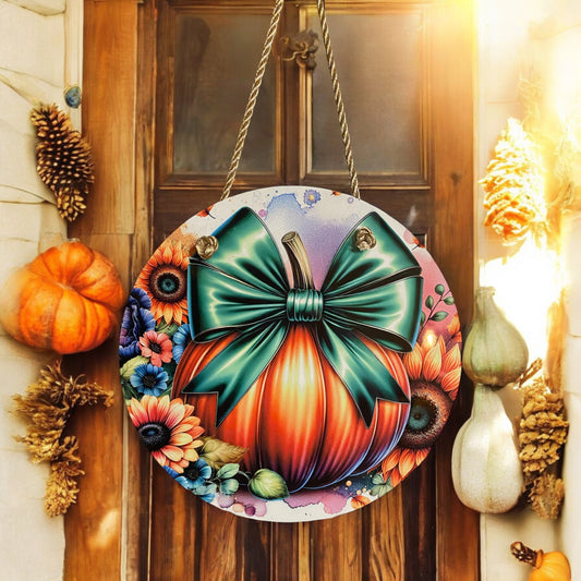 Fall Pumpkin Green Bow Door Sign